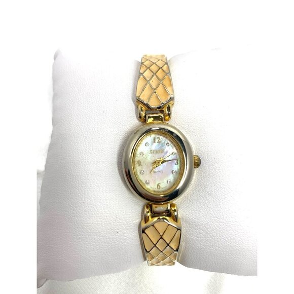 Vintage Gitanoe Womens Gold Tone Mother of Pearl Quartz Watch Diamond Accents - Picture 4 of 12